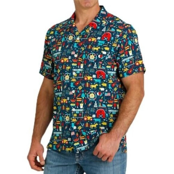 Cinch Men's Short Sleeve Camp Party County Fair Button Up Shirt Navy - Picture 1 of 4